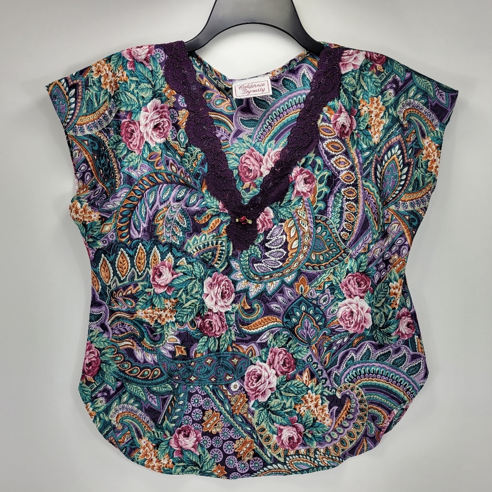 California Dynasty Vintage Floral Lace Polyester Satin Top Blouse Women Medium M